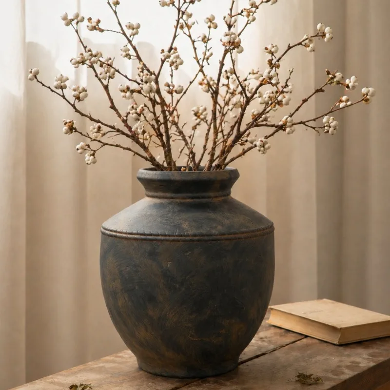 Wabi Sandy Wind Old Coarse Pottery Vase Floor Dried Flower Homestay Home Soft Retro Pottery Pot Flower Arrangement