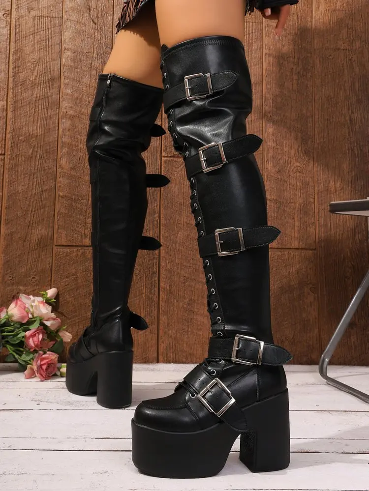 Luxuriöse 2026 Punk Goth Damen Motorradstiefel Blockabsatz Plateau-Schuhe Neue Markenmode-Design Coole Straßenstiefel – Detail 18