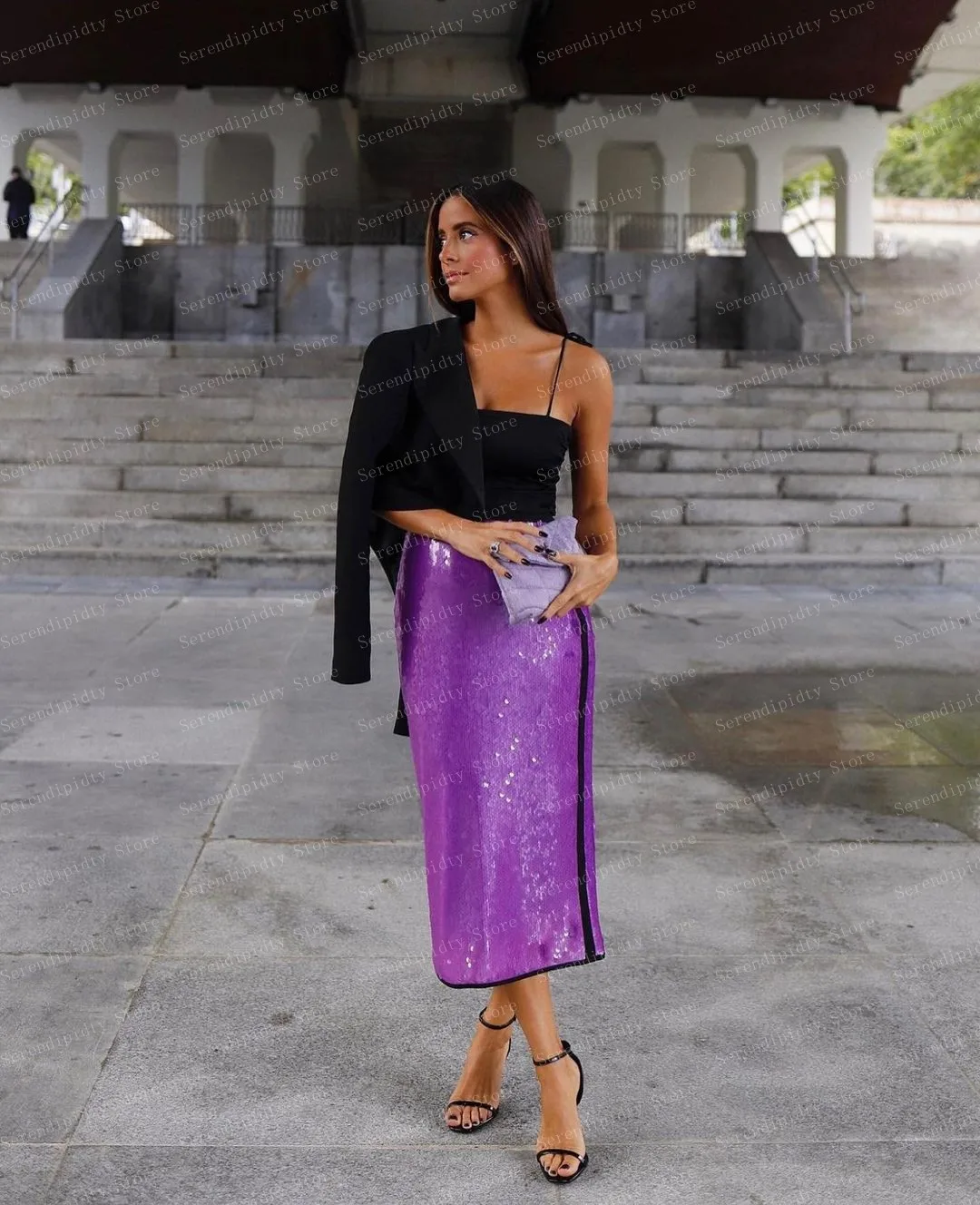 High Waist Sequins Midi Skirt Sparkly Purple Woman Clothes Mid-Calf Satin Skirt Ever Pretty Custom Made Skirt With Zipper