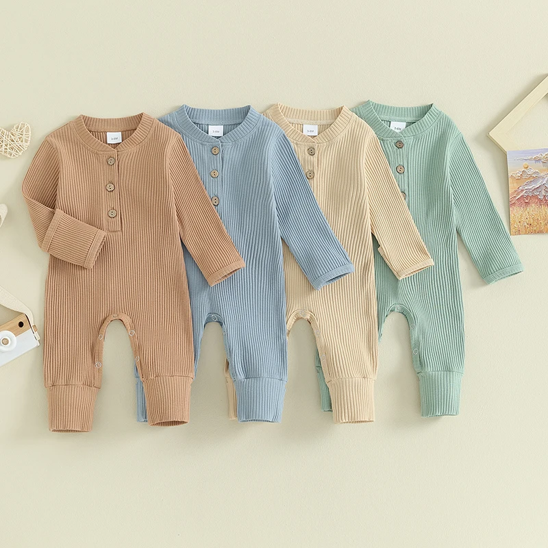 

Autumn Spring Baby Girls Boys Casual Rompers Long Sleeve Solid Color Ribbed Jumpsuit Fashion Infant Newborn Clothing