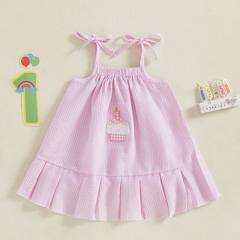 Toddler Girls Birthday Dress Casual Summer Striped Print Cake Embroidery A-Line Dress for Beach Party Cute Clothes