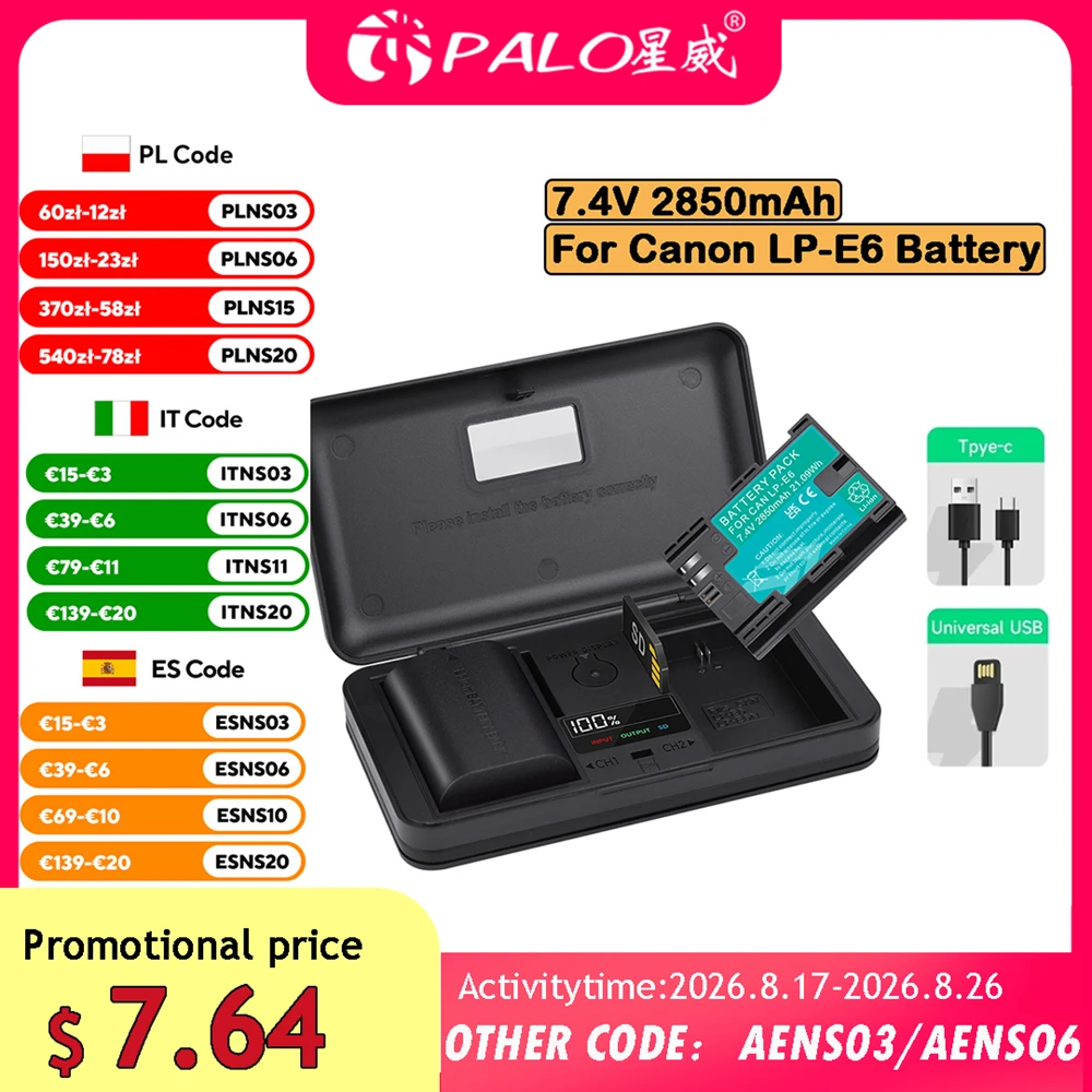 LP E6 LP-E6 LP-E6N LP E6 Akku + LED-Doppelladegerät-Etui für Canon EOS 5DS R 5D Mark II III IV 5D 6D 7D 70D 80D R5 R6 XC10 XC15
