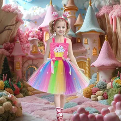 Sweet Rainbow Girls Cupcake Costume Tutu Dress Candyland Kids Halloween Costume for Girl Summer Dress Princess Tulle Ball Gown