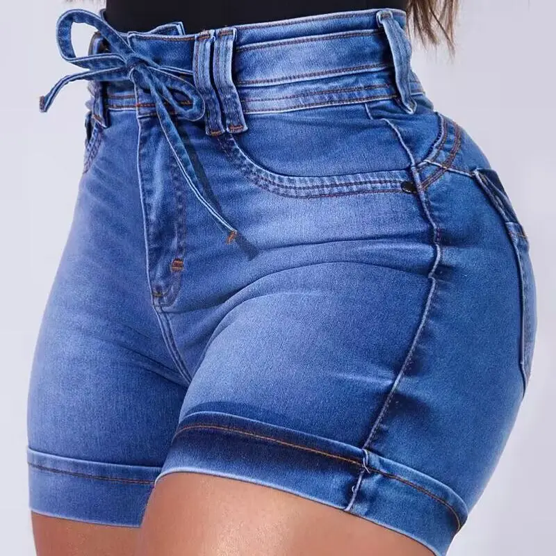 

High Waist Tied Detail Denim Shorts Women Lace Up Pocket Zipper Slim Sexy Women Summer Ruched Bright Line Decoration