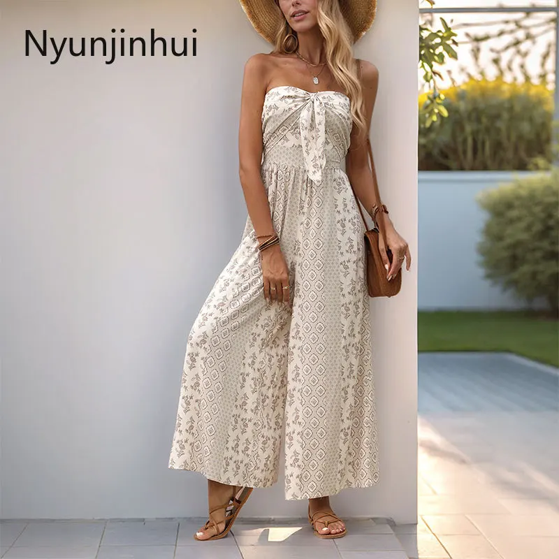 2025 신상 유럽 및 미국 여성 의류 휴가 스타일 민소매 튜브탑 기하학 프린팅 점프수트