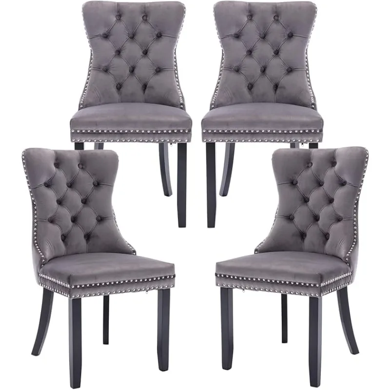 Velvet Dining Chairs Set of 4, Upholstered Dining Chairs with Ring Pull Trim and Button Back, Luxury Tufted Dining Chair for