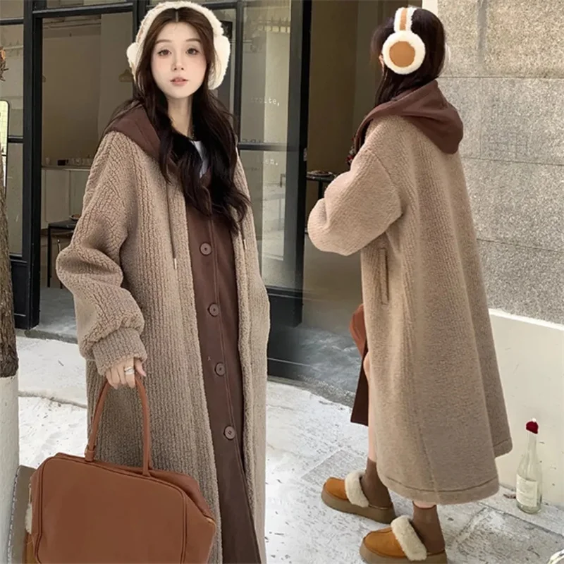 Pregnant Women\'s Wear 2024 Autumn/Winter Vacation Two Pieces with Hat Lamb Fleece Coat Women\'s Loose and Thickened Long Coat WLF