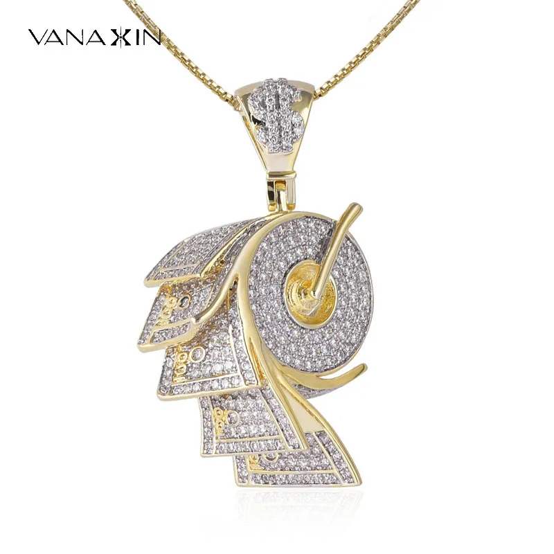 VANAXIN  Money Necklace Pendant Gold Color Stack 100 Banknote Bill Roll AAA Iced Out Zircons Fashion Jewelry For Men