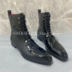 Patent Leather Fashion Men's Boots Black British Style Small Square Ankle Boots Casual High-top Autumn Winter Men's Shoes