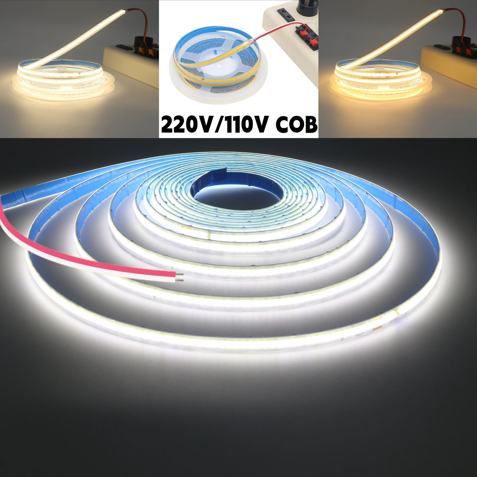 AC 220V 110V COB LED Strip Light With IC 288LEDs/m Waterproof Self-Adhesive Tape Rope Lamp 3000K 4000K 6000K 2pin Connector