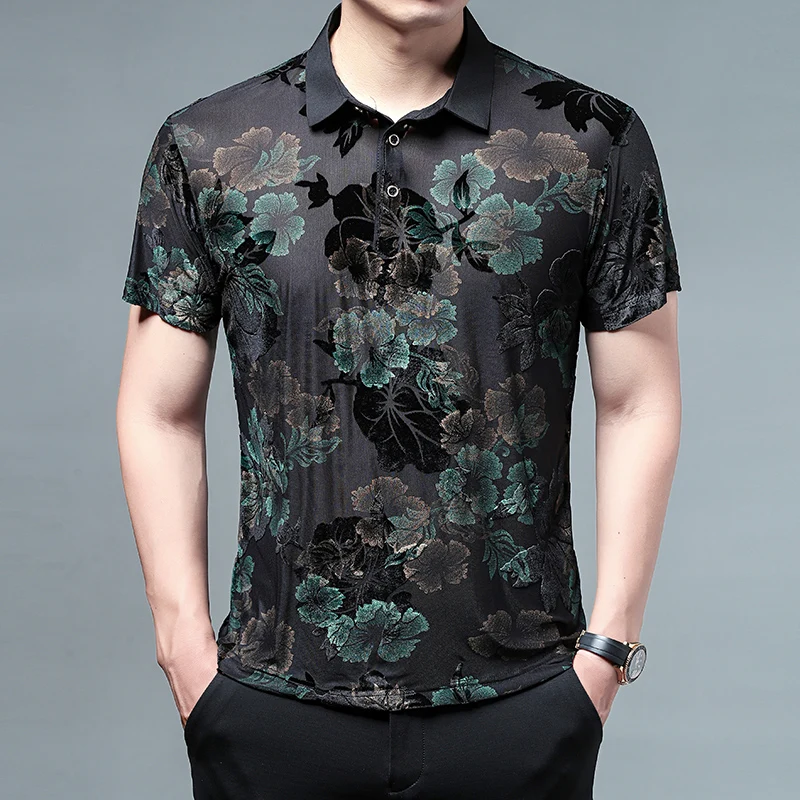 

Silky Elastic Velvet Luxury Mens Polo Shirt Short Sleeved Floral Summer Quality Hollow Breathable Cool Feeling Camisas De Hombre