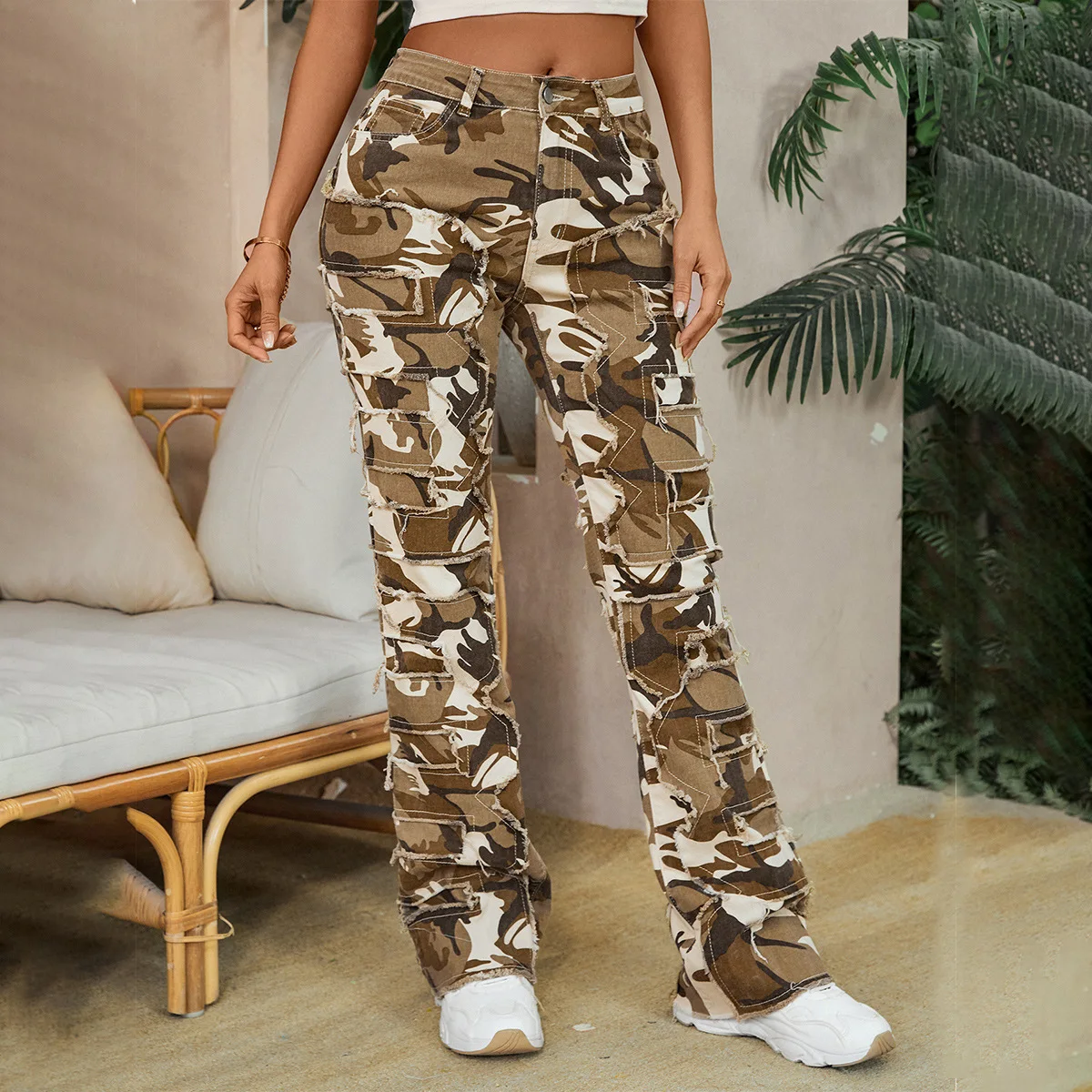 Women Denim Embroidered Straight Leg Pants Fashion Stretch Patchwork Layered Jeans