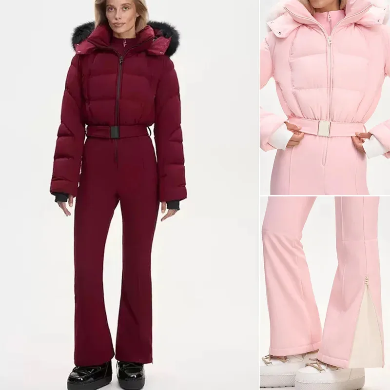 

Spring New Arrival Women's Casual Long Sve Hooded Belted Snowsuit High Waist Straight Leg Pants Warm Cotton Jaet