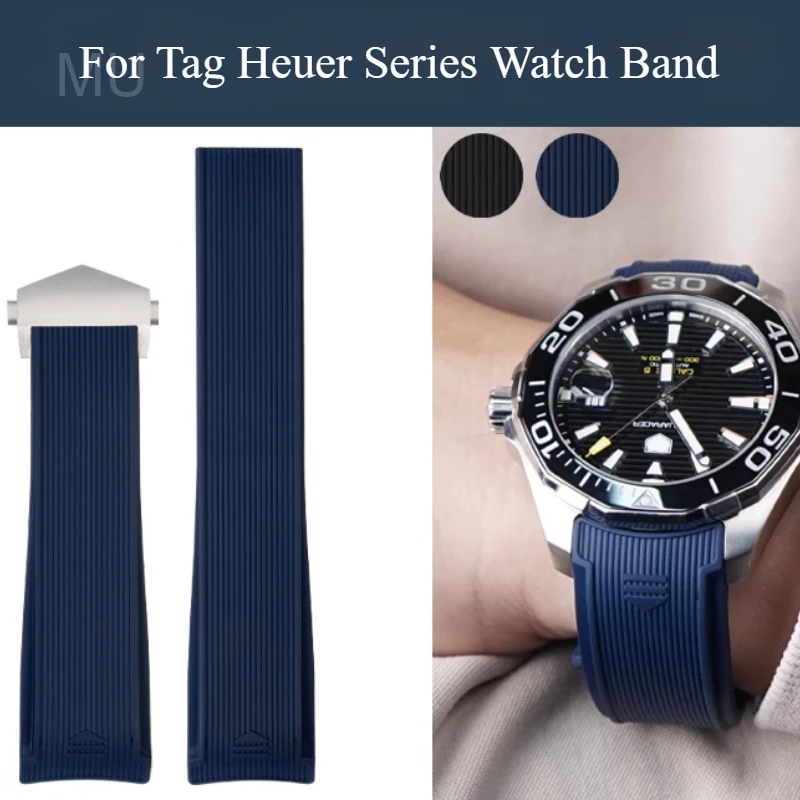 Black Blue for Tag Heuer Aquaracer Series Dainty Dust-free Watch Strap Waterproof Curved Interface Silicone Watchbands 22mm