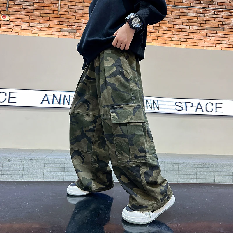 

Teen Boys Casual Camouflage Pants Loose Straight Trousers Kids Wide Leg Camo Trackpants New Autumn Children's Spring Sweatpants