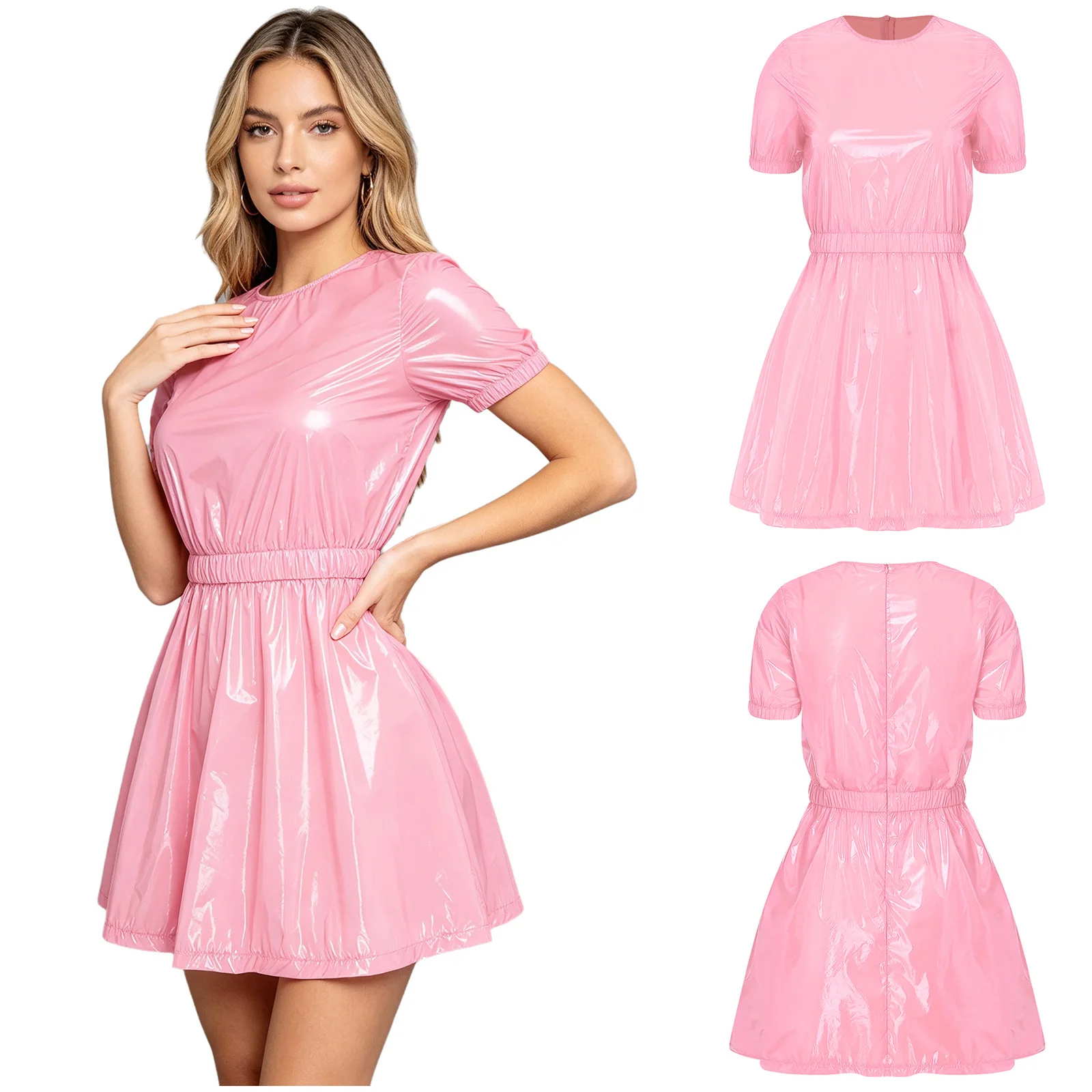 Womens Hospital Mini Dress Short Sleeve Elastic Waist Back Invisible Zipper Water-resistant Dress for Emergency Room Long Hours