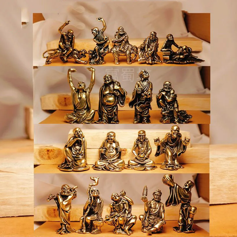 Vintage Brass Miniature Figurines, The Eighteen Arhat, Riding Tiger, Buddha Statue, Desktop Ornaments, Home Crafts