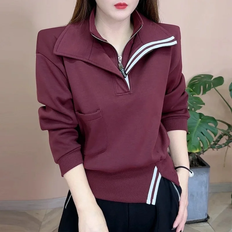 2025년 봄 패셔너블 캐주얼 롱 슬리브 여성 스웨트셔츠 지퍼 디자인 단색 스플릿 지퍼 여성 롱 슬리브 안티-...