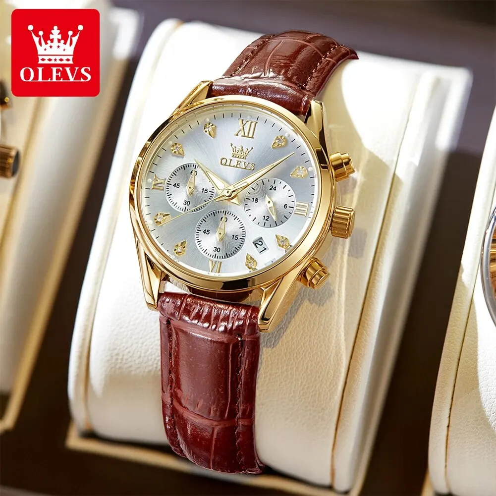 OLEVS 5523 Top Original Luxury Quartz Watch for Women Leather Strap Waterproof Luminous Chronograph Elegant Ladies Wristwatches