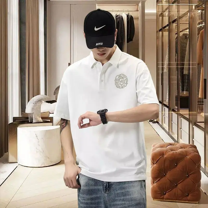 Men's Clothing New Arrival Heavyweight 100% Cotton Collared Short Sleeve T-Shirt Summer Minimalist Hong Kong Style Trendy Loose