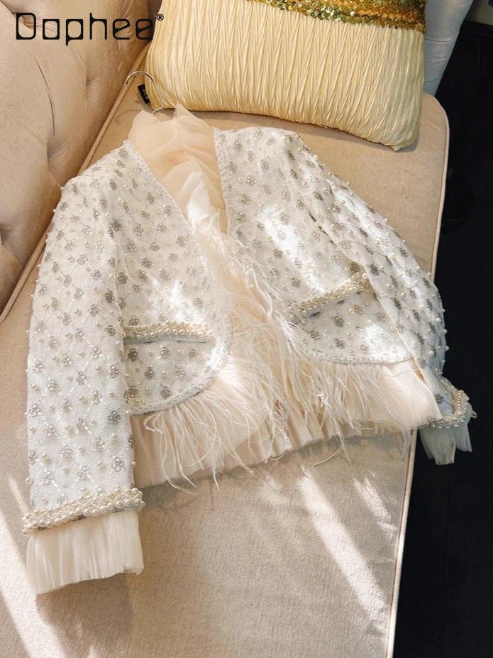 

French Elegant Court Style Heavy Beading Embroidery Feather Socialite Tweed Coat High-end Fashion Lace Tassel Short Coat Women