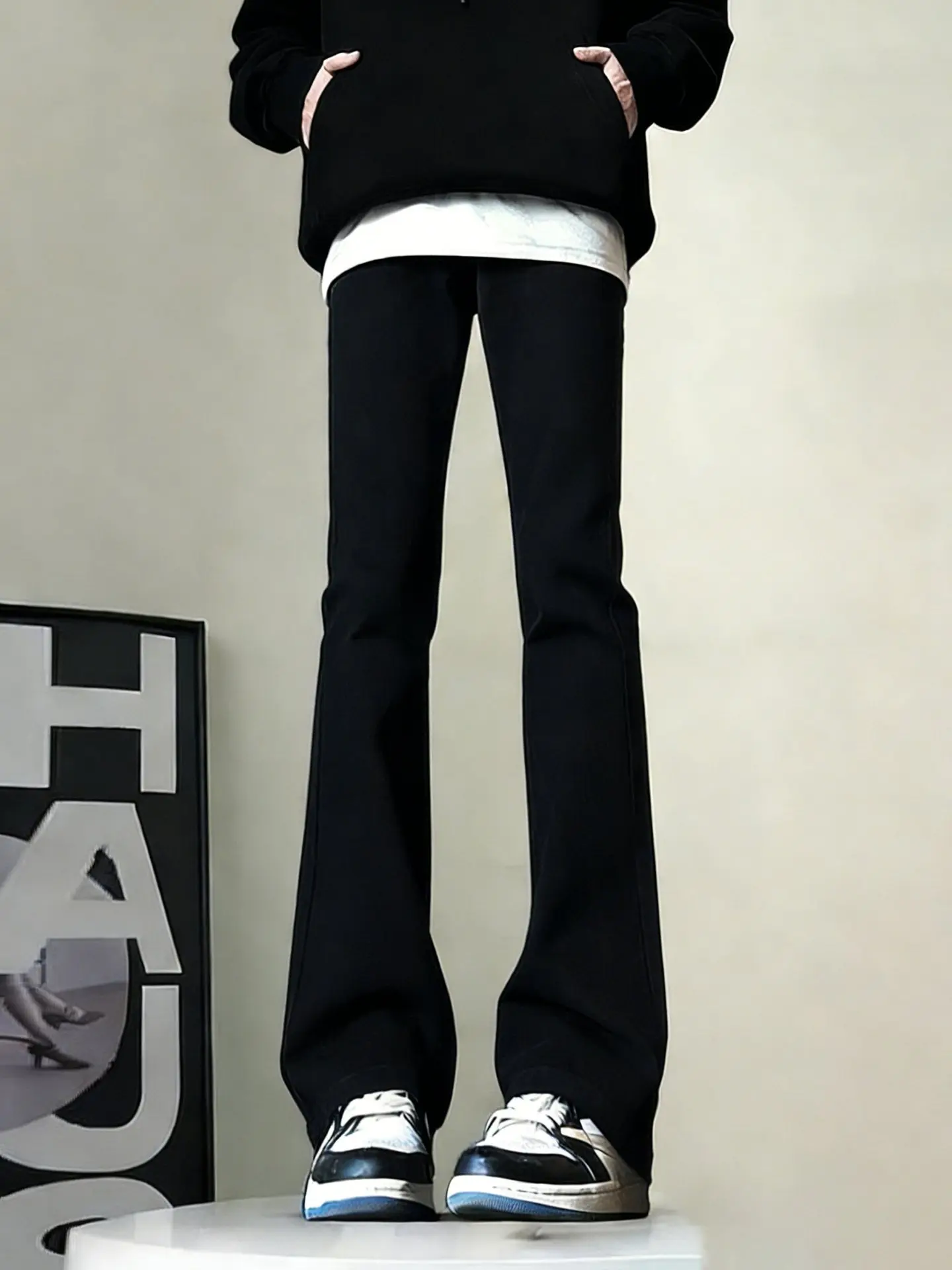 

Pure Bla Fce Lined Straight Leg Micro Flared Jeans Men's Winter Low Waist Zipper Closure Youthful Geometry Pattern Jeans