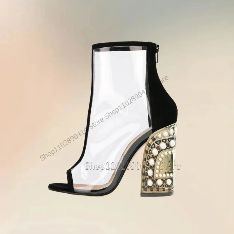 

Black PVC Peep Toe Pearl Metal Rivets Decor Boots Back Zipper Women Shoes Chunky High Heels New Fashion 2023 Zapatos Para Mujere