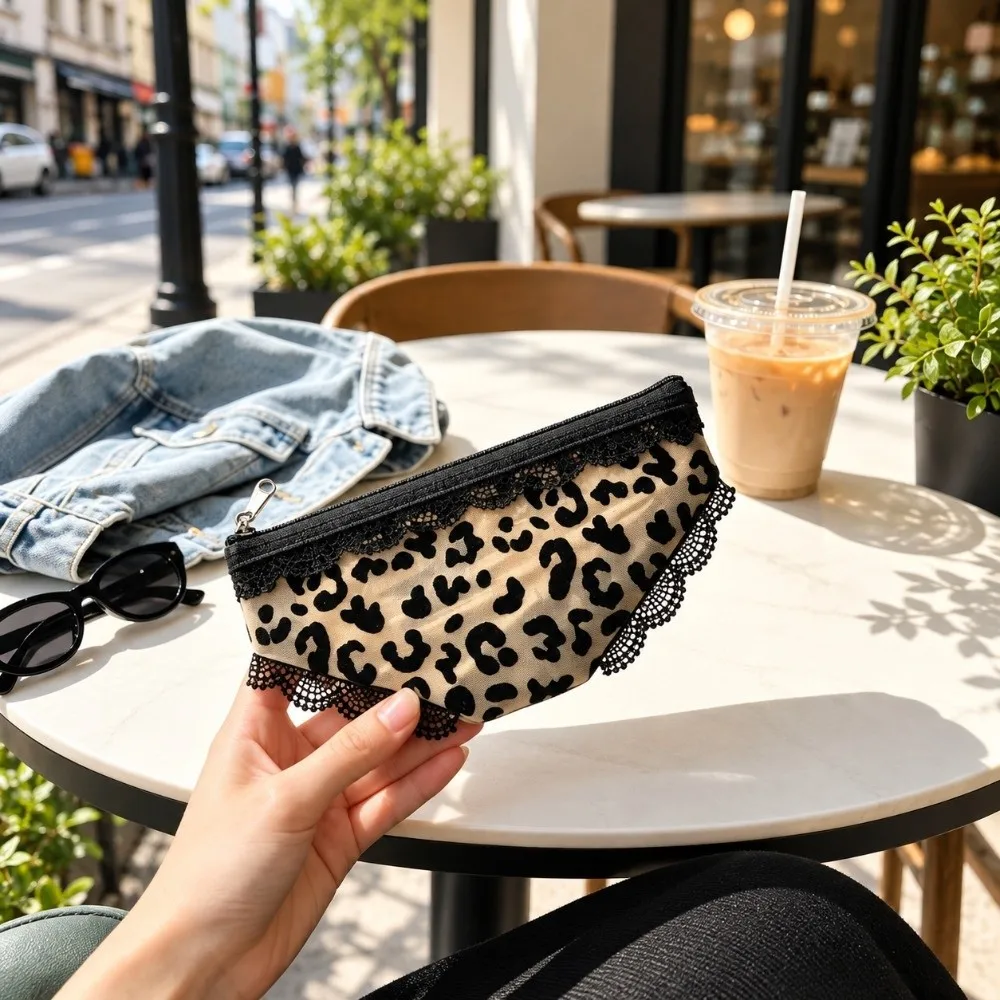 Mesh Bikini Panty Shape Makeup Bag Lace Trim Leopard Print Cosmetic Storage Bag Zippered Lightweight Cosmetic Pouch Woman Girl