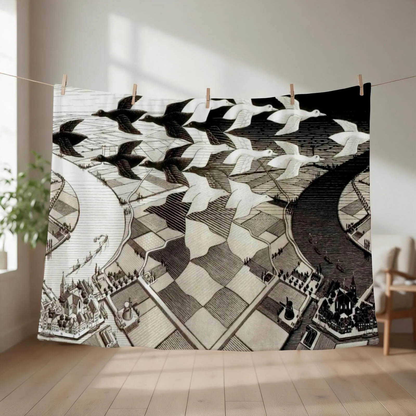Day and Night by Maurits Cornelis Escher Throw Blanket couch cozy soft plush fuzzy picnic outdoor blanket