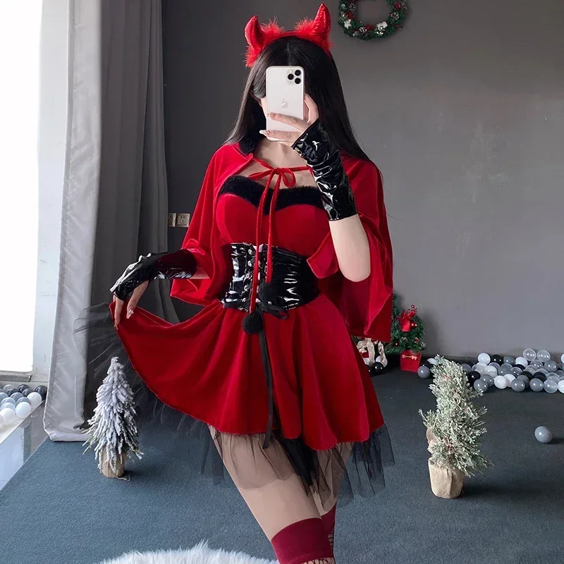 Halloween Demon Cosplay Uniform Fancy Red Velvet Dress Christmas Carnival Party Dress up Costume Nightclub for Stage Performance