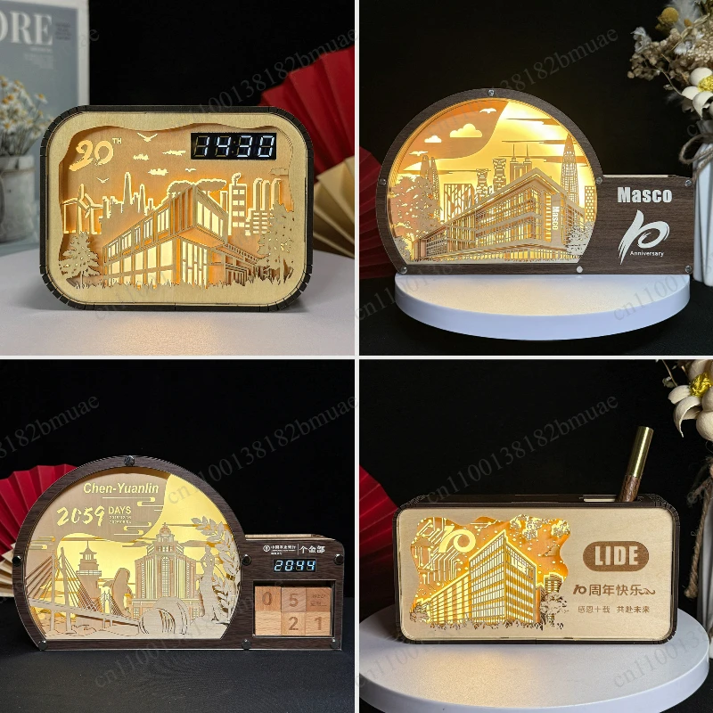 Multi-layer Three-dimensional Wood Carving Lamp Clock Pen Holder, Custom Gift Creative Multi-functional Night Light Ornament