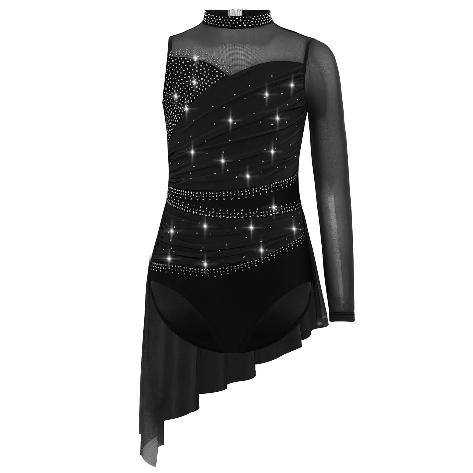 

Kids Girls Lyrical Dance Dress Figure Skating Performance Costume Rhinestones Ruched Mesh Overlay Irregular Skirted Leotards
