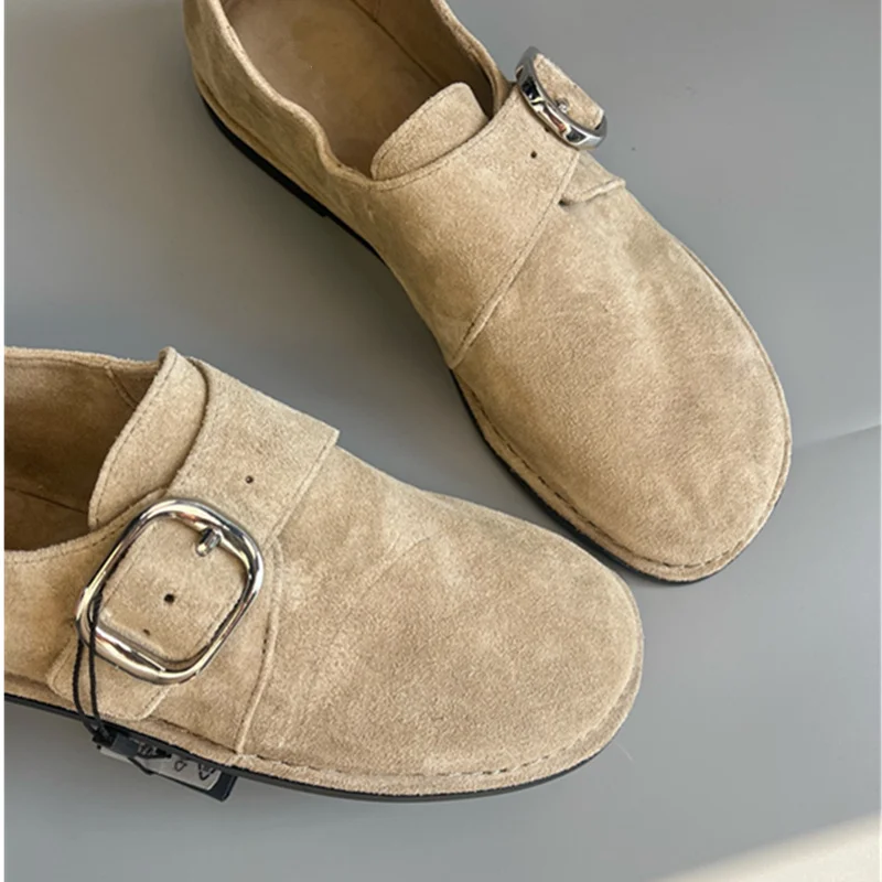 Withered British Fashion Retro Suede Loafers Cowhide Flat Shoes Women's Minimalist Shoes Slip On Buckle Quality Shoes