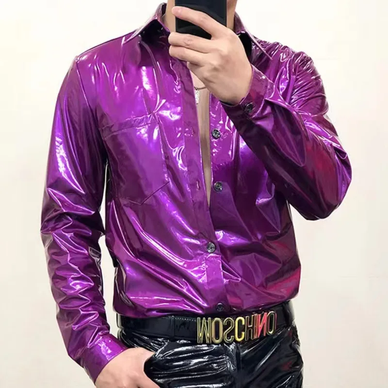 15 Colors 2023 Mirror Reflective ShinnyLeather Shirt Men\'s Slim Fit Shirt Night Club Performance Dress PU Leather Strechy Shirt