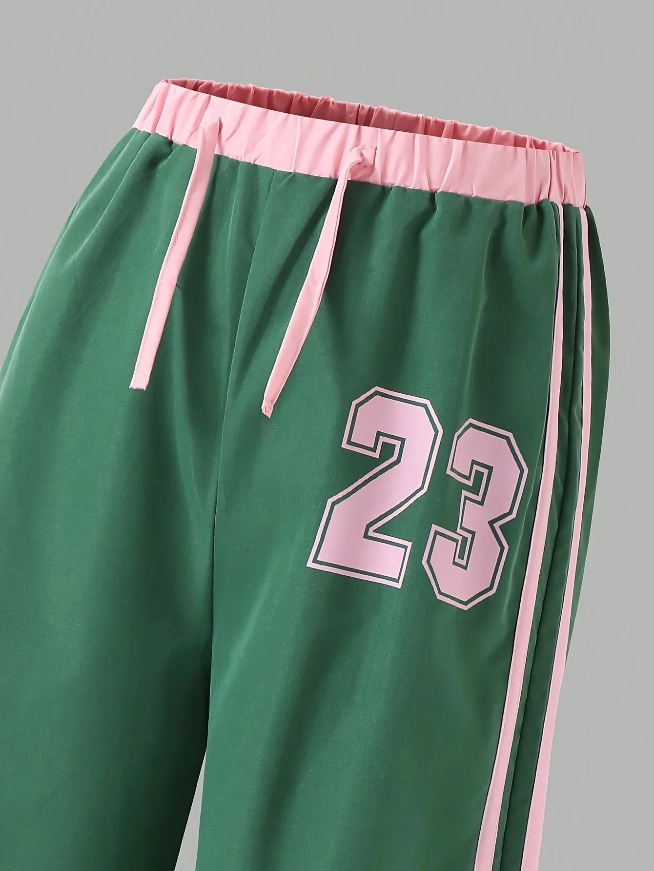 Mädchen-Hose mit Nummer 23, gestreift, weites Bein, Kontrastfarbe, Kordelzug, elastische Taille, Streetwear, Hip-Hop, lässig, Sport, locker, P – Detail 3