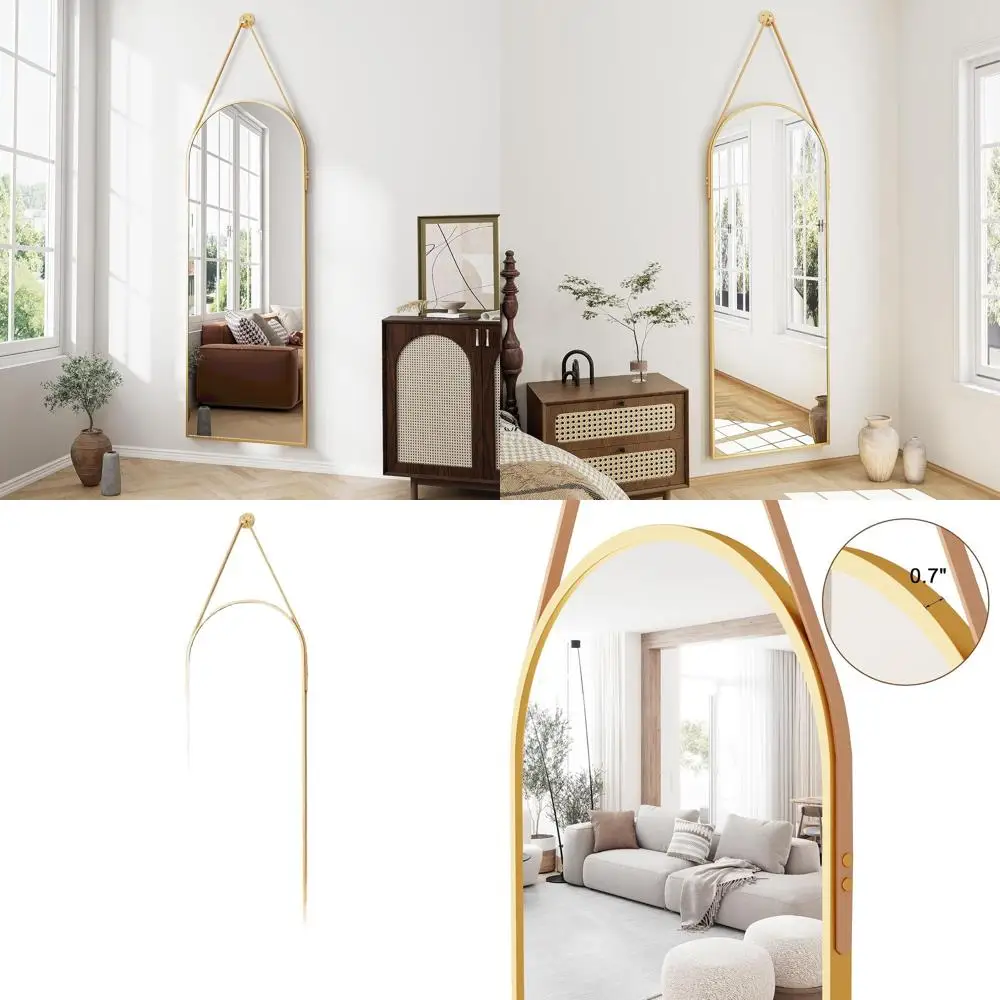 

Arched Wall Mirror, 48x16 with Leather Hanging Strap, Suitable for Entryway, Living Room, or Bathroom (Gold)