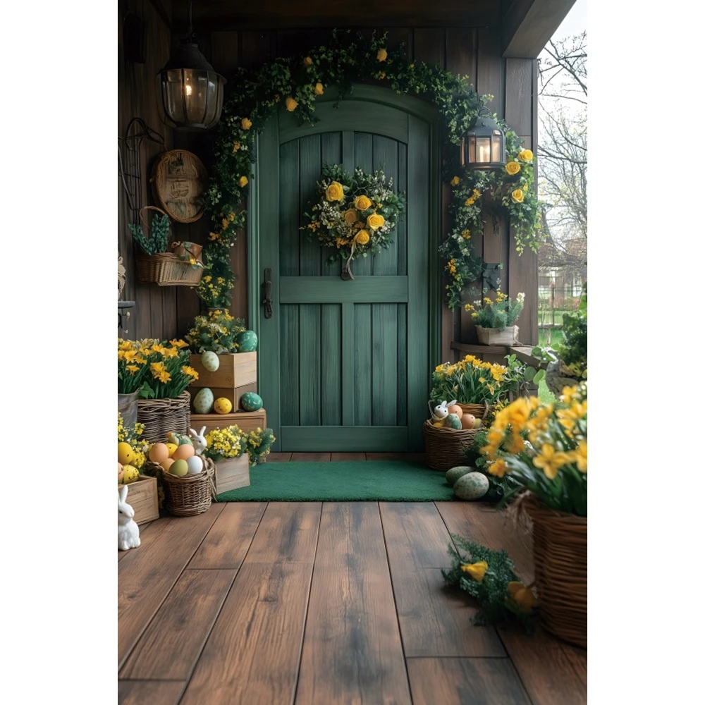 Spring Easter Photography Backdrop Garden Flower Rabbit Egg Bunny Wooden Door Floral Kids Birthday Party Background Photo Studio