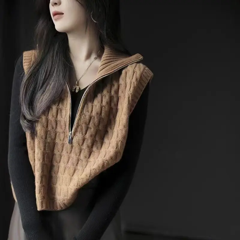 

Женский жилет из 100% шерсти, повседневный, однотонный, вязаный, без рукавов, свободного кроя, укороченный, с воротником-стойкой, на молнии до середины, безрукавка