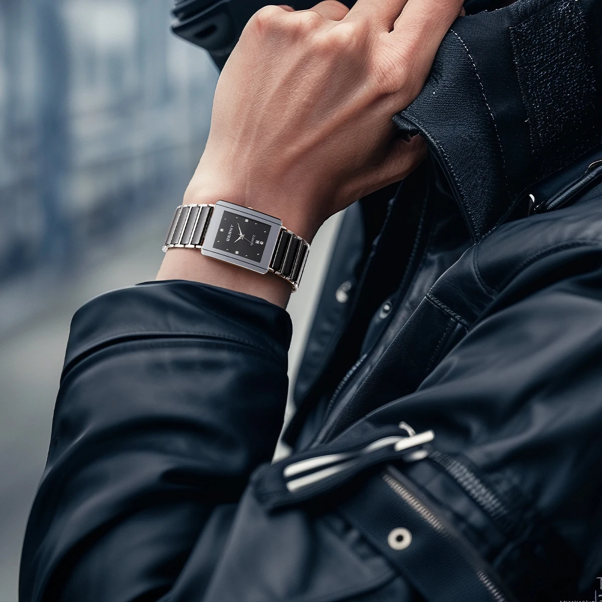 BERNY Keramikuhren für Herren, Kalender, lässige rechteckige Quarzuhr, luxuriöse Diamant-Armbanduhr im Vintage-Stil – Detail 10