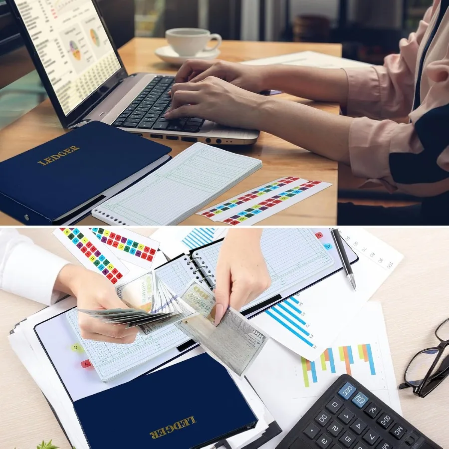 リング式台帳バインダー 200枚入り 5x8.5インチ台帳用紙 小さなインデックスタブ付き 会計・ビジネス用 デビット・クレジット・バランス用