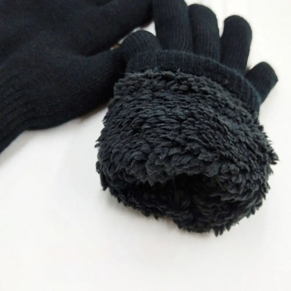 Fashion Boys Girl Winter Gloves Pure Color Lamb Velvet  Mittens Soft Warm Black Double Layer Male Thickened Gloves