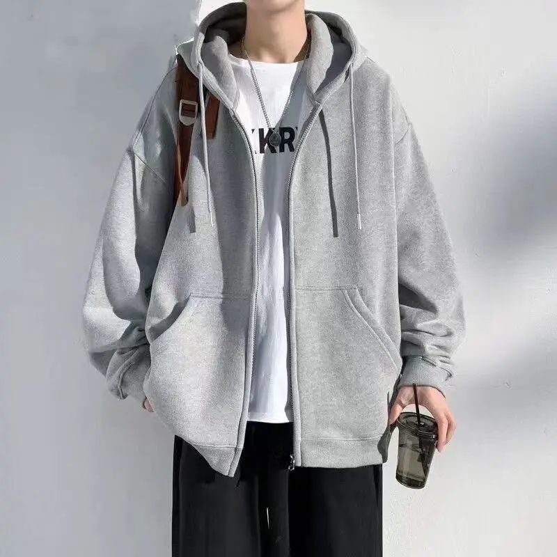 Men's Spring 2027 Hooded Sweatshirt Jacket, Lightweight and Loose-Fitting Fall Top, Available in Gray, Black, and Brown.