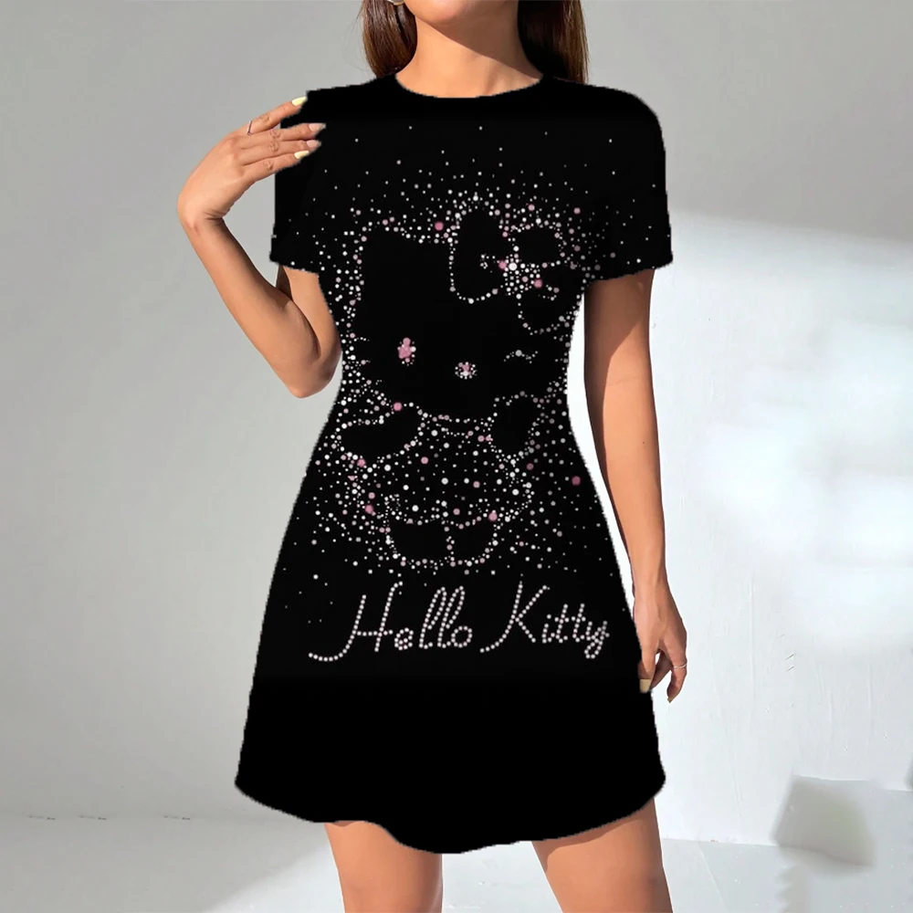 여성 긴 티셔츠 드레스 여름 패션 소녀 헬로 키티 프린트 오버 사이즈 캐주얼 라운드 넥 반팔 미니 티셔츠 드레스 ﻿