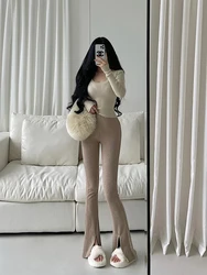 하이웨이스트 니트 캐주얼 팬츠 롱 드레이핑 레그 슬리밍 효과 플로어 기장 바지 젊은 여성 캐주얼웨어