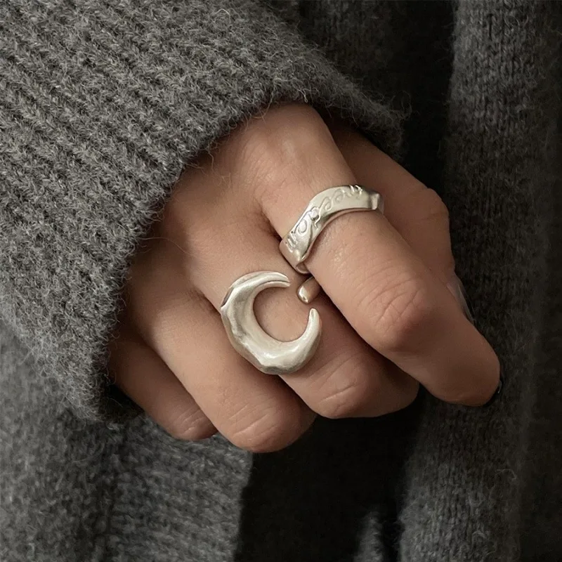 

925 sterling silver frosted texture text and moon ring, personalized fashion high-end suitable for women's jewelry gifts