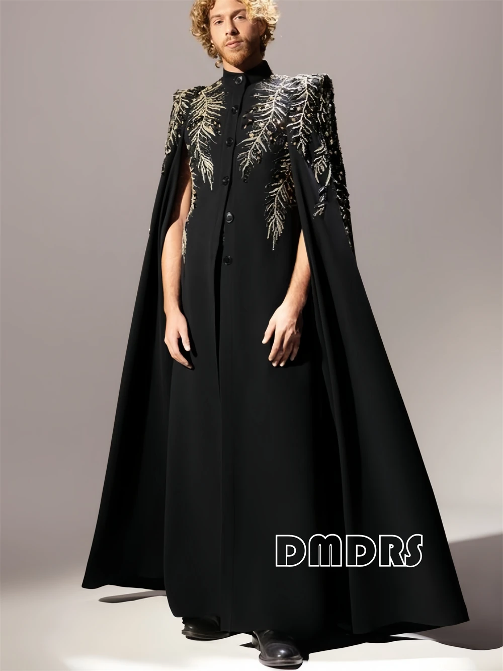 Luxury Beaded Long Suit Robe for Men, Half Stand Collar Tailored Length Galabia Long Cape XXS-7XL Cusotm Fit Formal Dresswear