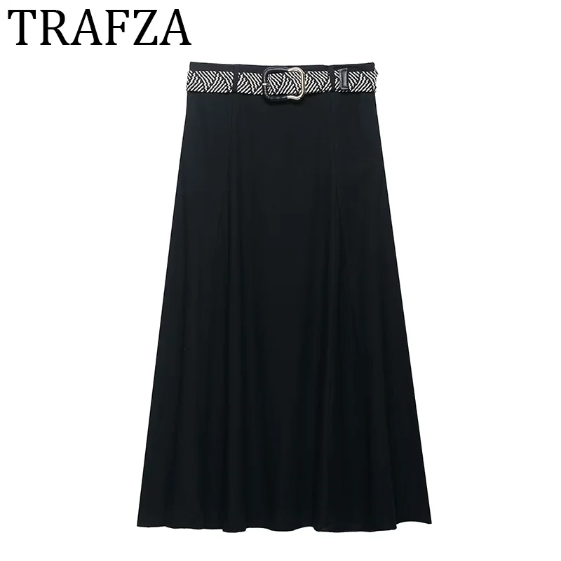 

TRAFZA Women's Skirt Fashion Pleat Party Long Skirt High Waist Solid Casual Basic Women Skirts Chic Summer Woman Clothes 2025