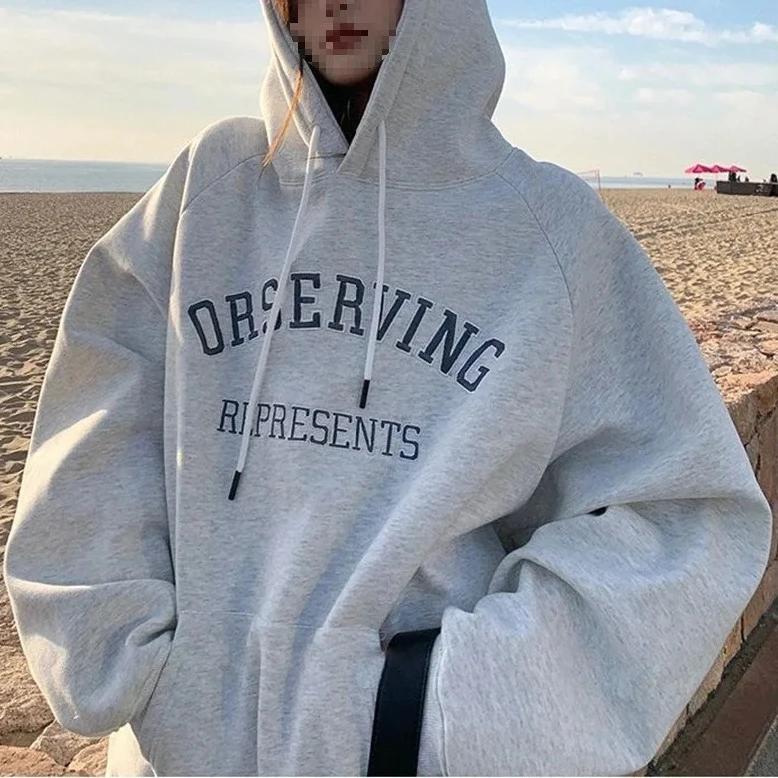 

Утепленная флисовая толстовка женская свободного кроя с длинным рукавом, оверсайз, большие размеры, повседневный уличный стиль, с принтом