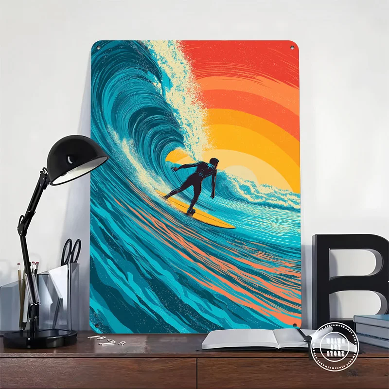 Surfer Riding a Wave At Sunset Personalized 3D Textured Metal Poster Wall Art Tinplate Sign for Interior Accessories Room Decor