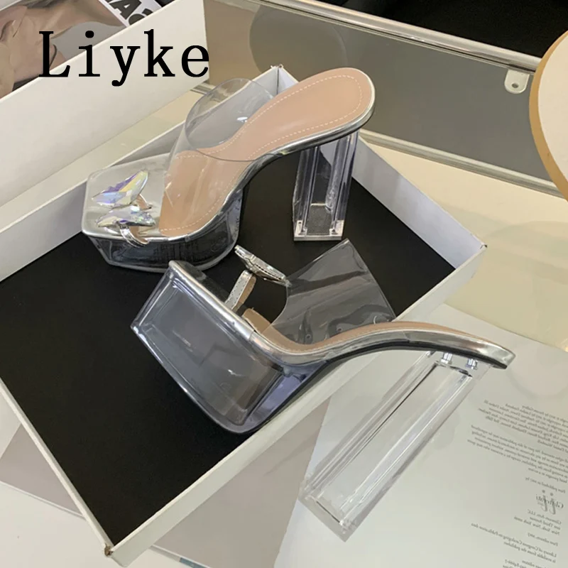 Liyke Sexy 14CM Transparent High Heels Platform Slippers Fashion Butterfly Clip Toe Clear Shoes For Women Sandals Zapatos Mujer